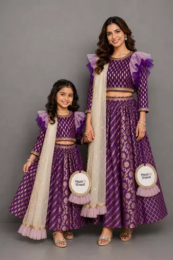 Purple chanderi organza attached dupatta mother daughter lehenga combo set