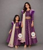 Purple chanderi organza attached dupatta mother daughter lehenga combo set