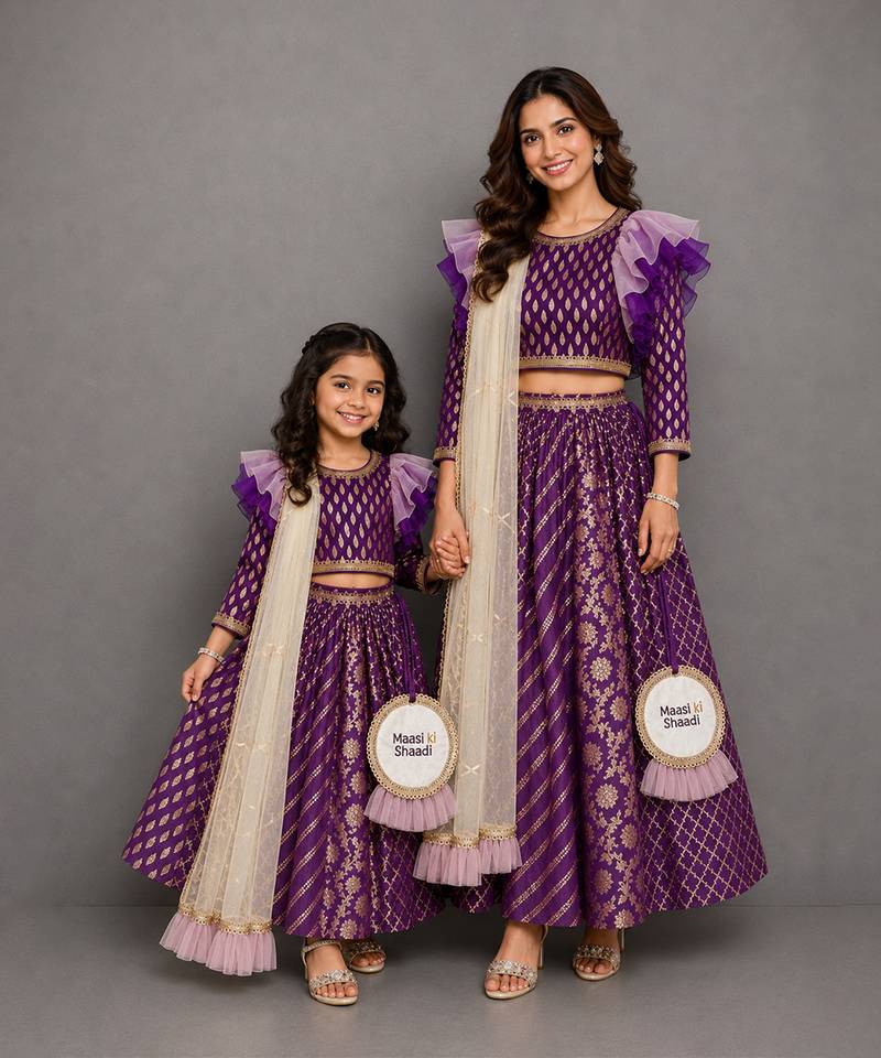 Purple chanderi organza attached dupatta mother daughter lehenga combo set
