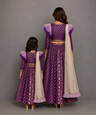 Purple chanderi organza attached dupatta mother daughter lehenga combo set 2