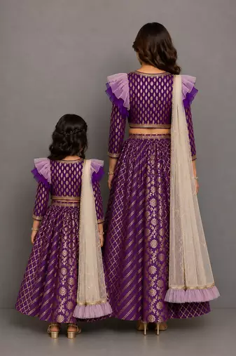 Purple chanderi organza attached dupatta mother daughter lehenga combo set