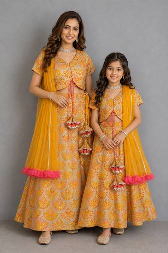Mustard yellow embroidered cotton silk mother daughter lehenga combo set