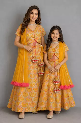 Mustard yellow embroidered cotton silk mother daughter lehenga combo set