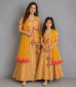 Mustard yellow embroidered cotton silk mother daughter lehenga combo set