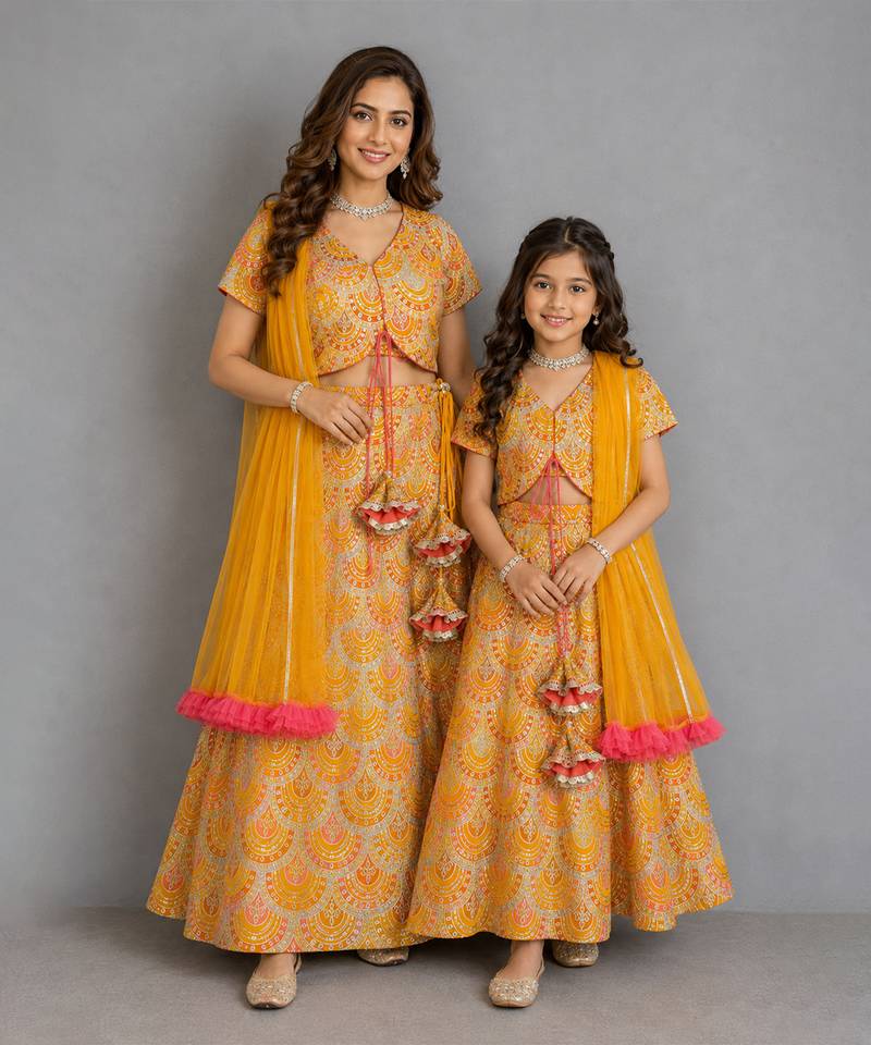 Mustard yellow embroidered cotton silk mother daughter lehenga combo set