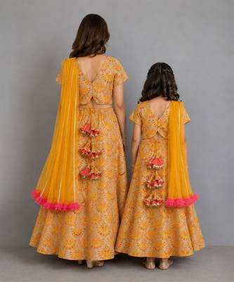 Mustard yellow embroidered cotton silk mother daughter lehenga combo set 2