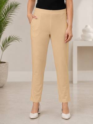 Beige super cotton stretch pants full length for women  1