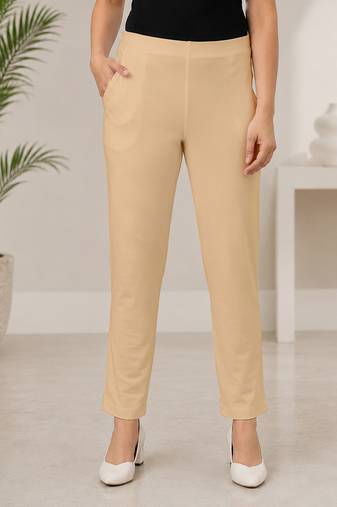 Beige super cotton stretch pants full length for women 