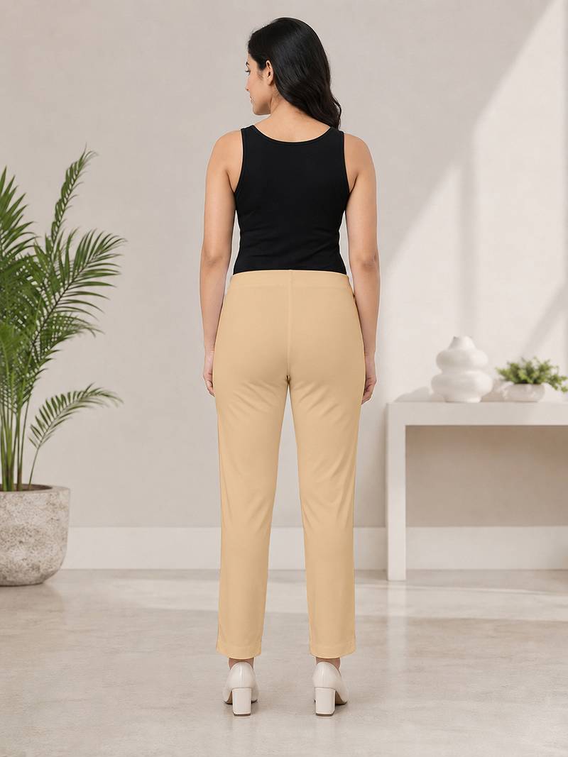 Beige super cotton stretch pants full length for women 