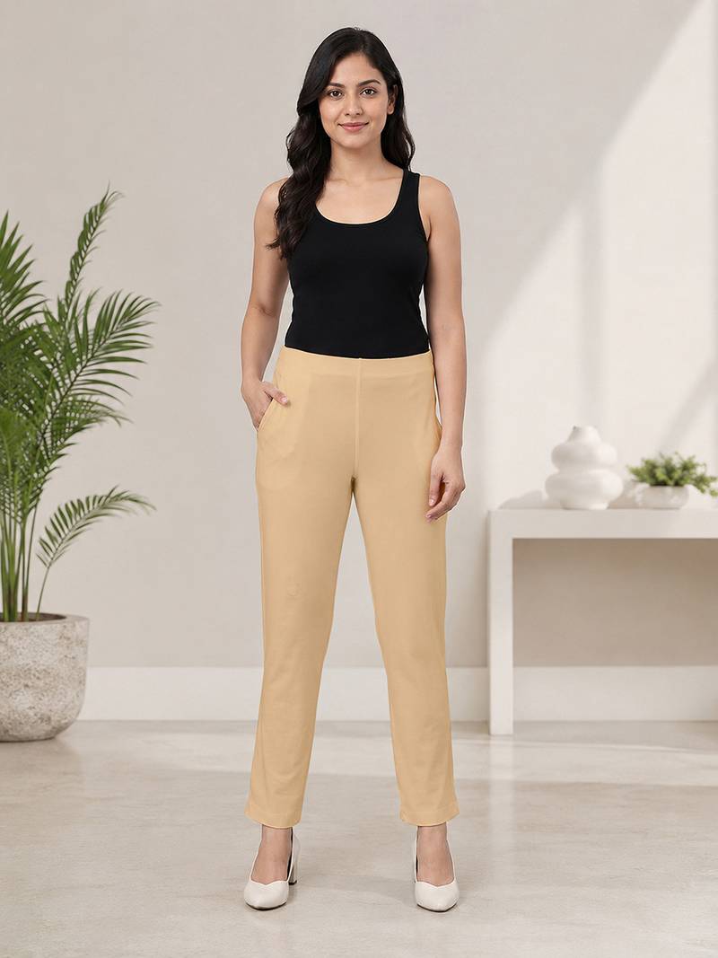 Beige super cotton stretch pants full length for women 