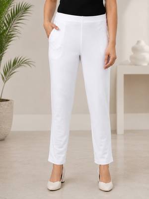 White super cotton stretch pants full length for women  1