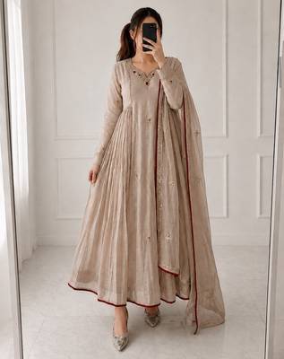 beige color  khatli work and embroidery chanderi salwar suit  1