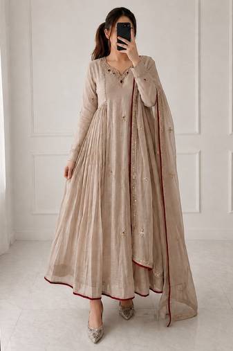 beige color  khatli work and embroidery chanderi salwar suit 
