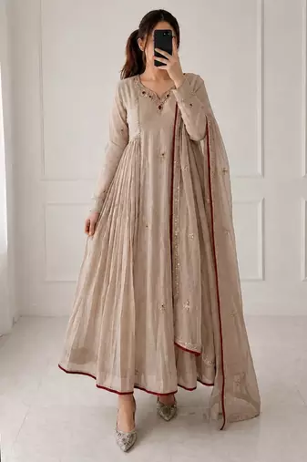 beige color  khatli work and embroidery chanderi salwar suit 
