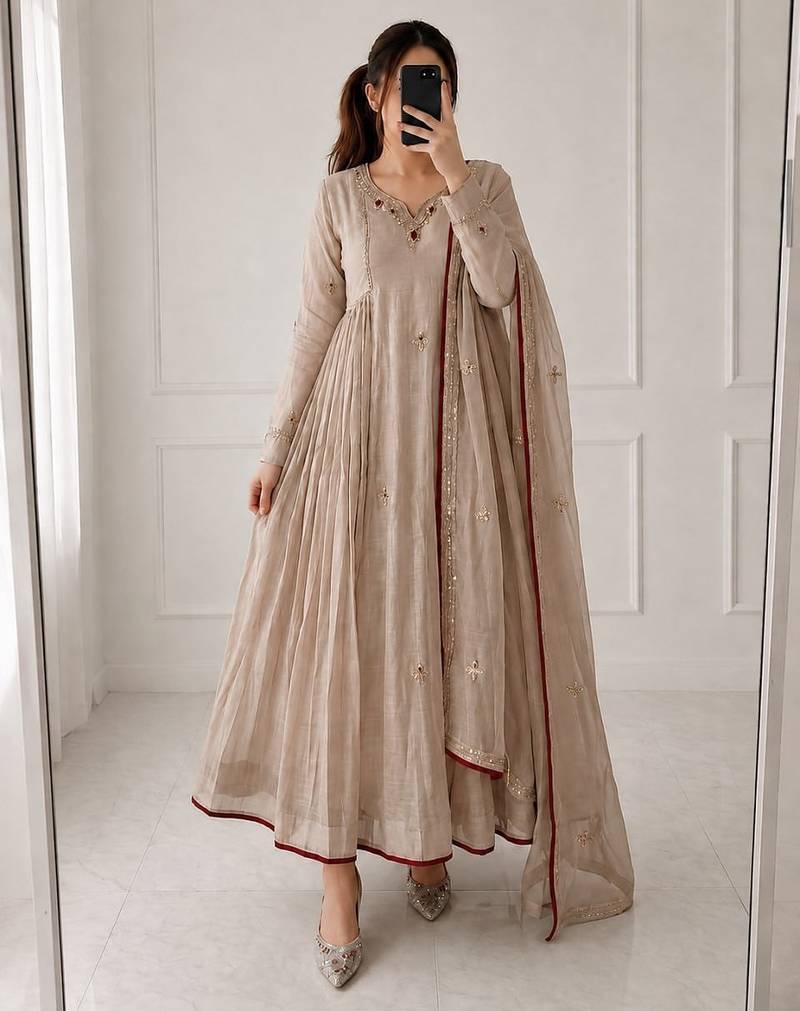 beige color  khatli work and embroidery chanderi salwar suit 