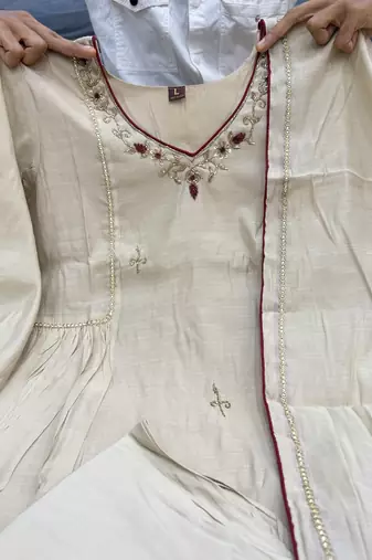 beige color  khatli work and embroidery chanderi salwar suit 