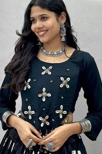 Black Heavy Hand Work with kodi work with hand latkan Cotton Navratri Lahenga Choli