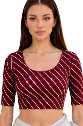 Maroon spandex lehria printed stretchable readymade saree blouse