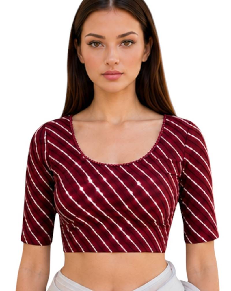 Maroon spandex lehria printed stretchable readymade saree blouse