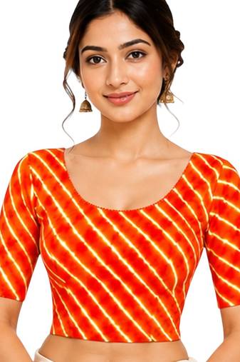 Orange spandex lehria printed stretchable readymade saree blouse