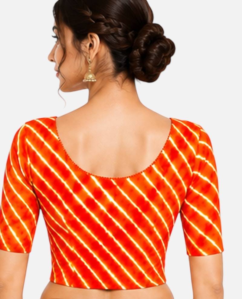 Orange spandex lehria printed stretchable readymade saree blouse