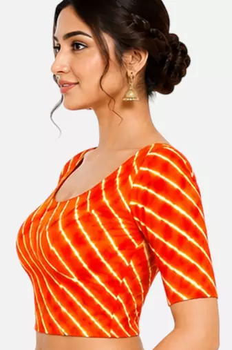 Orange spandex lehria printed stretchable readymade saree blouse