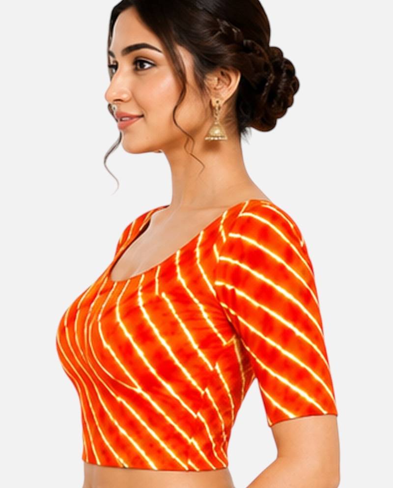 Orange spandex lehria printed stretchable readymade saree blouse