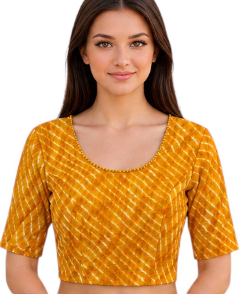 Yellow spandex lehria printed stretchable readymade saree blouse