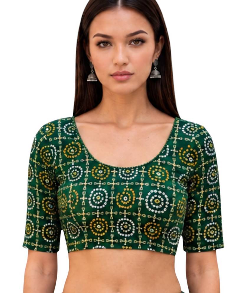 Green spandex bandhani printed stretchable readymade saree blouse