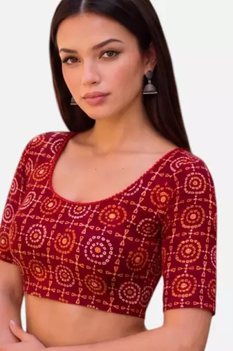 Maroon spandex bandhani printed stretchable readymade saree blouse