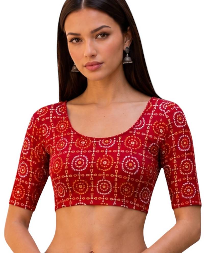 Red spandex bandhani printed stretchable readymade saree blouse