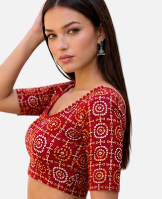 Red spandex bandhani printed stretchable readymade saree blouse 4