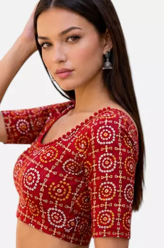 Red spandex bandhani printed stretchable readymade saree blouse