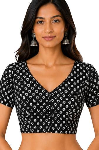 Black cotton blend kalamkari printed front open stretchable readymade saree blouse