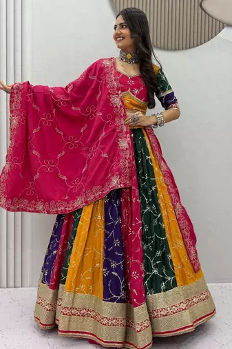 Multi Embroidery Thread & Sequence work Silk Blend Navratri Lahenga Choli Set