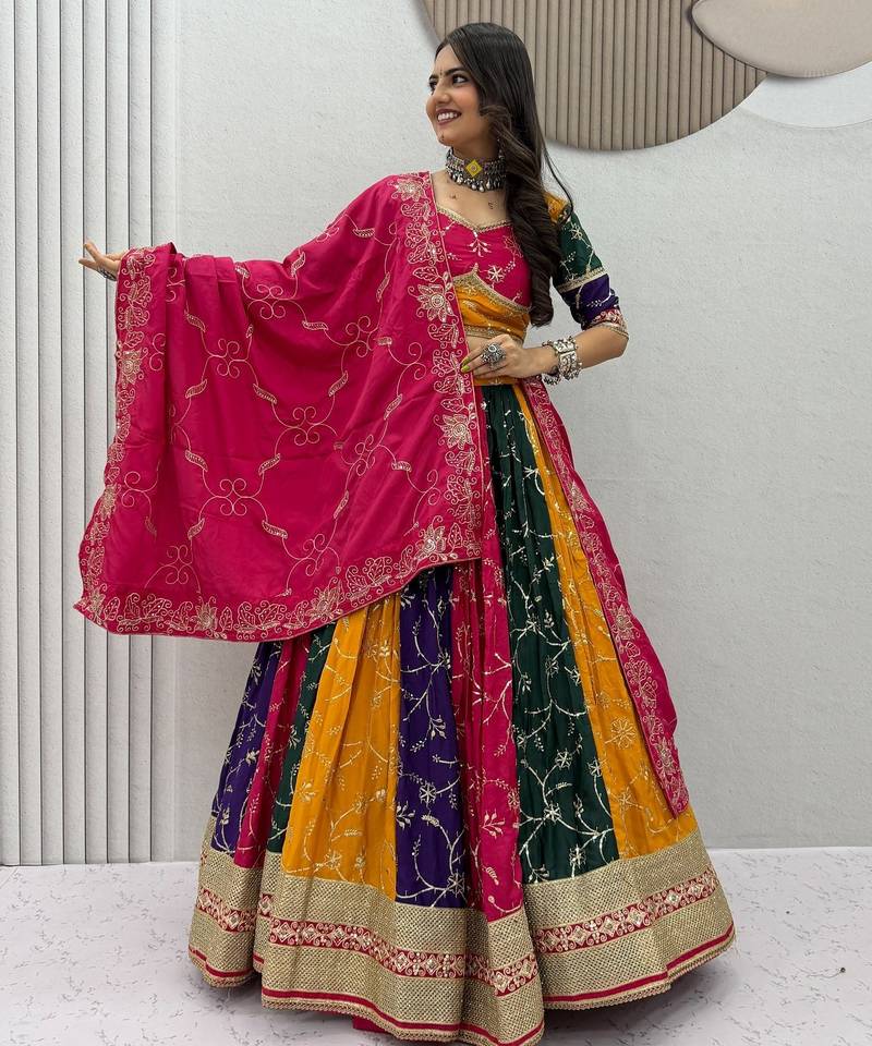 Multi Embroidery Thread & Sequence work Silk Blend Navratri Lahenga Choli Set