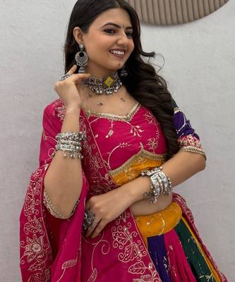 Multi Embroidery Thread & Sequence work Silk Blend Navratri Lahenga Choli Set 2