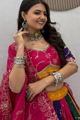 Multi Embroidery Thread & Sequence work Silk Blend Navratri Lahenga Choli Set