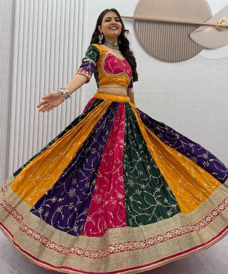 Multi Embroidery Thread & Sequence work Silk Blend Navratri Lahenga Choli Set 3