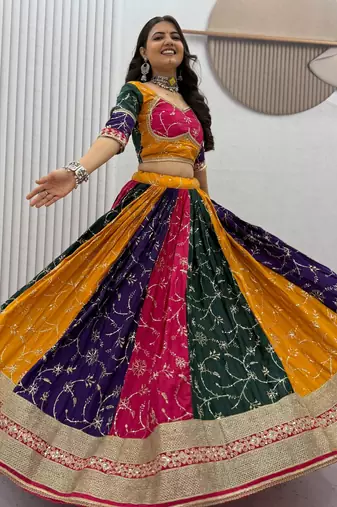 Multi Embroidery Thread & Sequence work Silk Blend Navratri Lahenga Choli Set