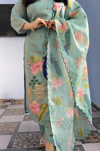 sky blue color printed and embroidered  work cotton salwar suit