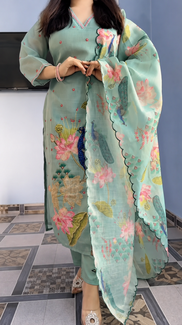sky blue color printed and embroidered  work cotton salwar suit