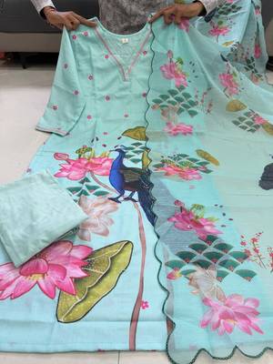 sky blue color printed and embroidered  work cotton salwar suit 5