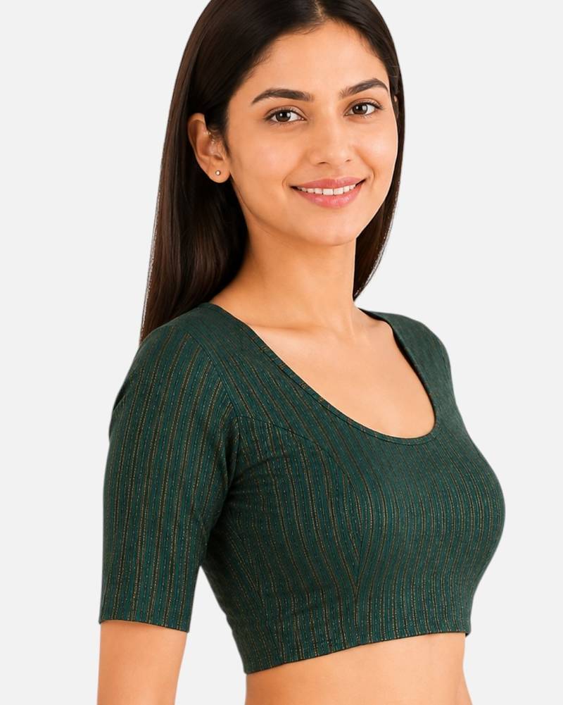 Bottle green spandex golden zari straight line stretchable readymade saree blouse