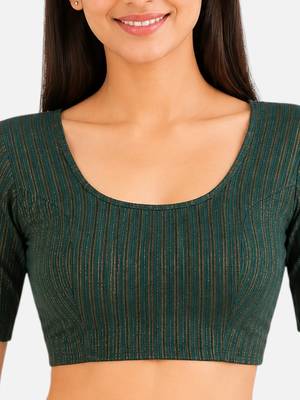 Bottle green spandex golden zari straight line stretchable readymade saree blouse 5
