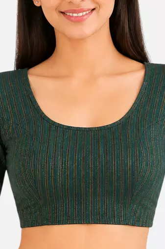 Bottle green spandex golden zari straight line stretchable readymade saree blouse
