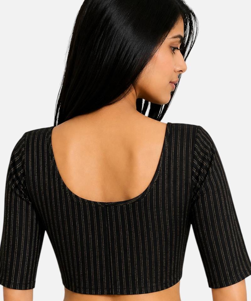 Black spandex golden zari straight line stretchable readymade saree blouse
