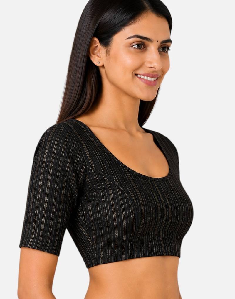 Black spandex golden zari straight line stretchable readymade saree blouse
