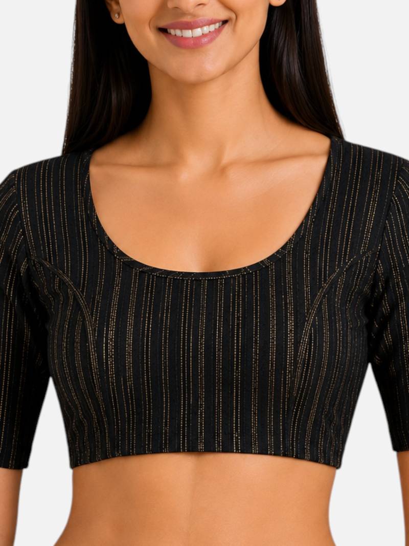 Black spandex golden zari straight line stretchable readymade saree blouse