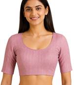 Baby pink spandex golden zari straight line stretchable readymade saree blouse